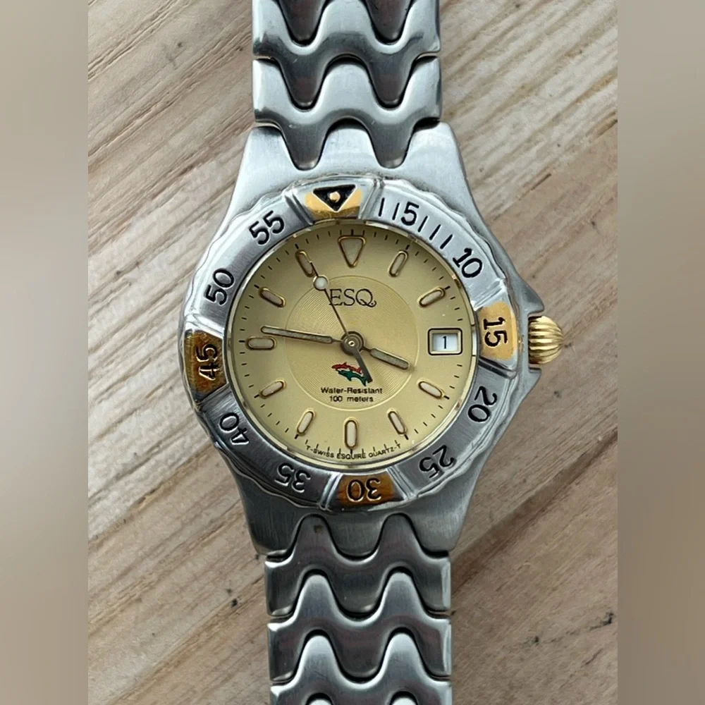 ESQ Super Rare Freedom Ladies Diver Watch Gold-Tone Dial Weave Bracelet Date